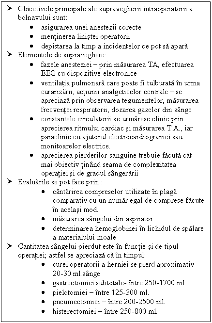 Text Box: † Obiectivele principale ale supravegherii intraoperatorii a bolnavului sunt:
 asigurarea unei anestezii corecte
 mentinerea linistei operatorii
 depistarea la timp a incidentelor ce pot sa apara
† Elementele de supraveghere:
 fazele anesteziei  prin masurarea TA, efectuarea EEG cu dispozitive electronice
 ventilatia pulmonara care poate fi tulburata in urma curarizarii, actiunii analgeticelor centrale  se apreciaza prin observarea tegumentelor, masurarea frecventei respiratorii, dozarea gazelor din sange
 constantele circulatorii se urmaresc clinic prin aprecierea ritmului cardiac si masurarea T.A., iar paraclinic cu ajutorul electrocardiogramei sau monitoarelor electrice.
 aprecierea pierderilor sanguine trebuie facuta cat mai obiectiv tinand seama de complexitatea operatiei si de gradul sangerarii
† Evaluarile se pot face prin :
 cantarirea compreselor utilizate in plaga ativ cu un numar egal de <a href=