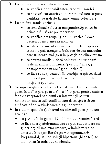 Text Box: † La cei cu sonda cala à demeure :
 se verifica permeabilitatea, racordul sondei
 se noteaza caracteristicile urinei: culoare, aspect, cantitate, se goleste la timp punga colectoare
† La cei fara sonda cala:
 se stimuleaza reluarea mictiunilor.Spontan in primele 6  8 ore postoperator
 se verifica prezenta globului cal daca pacientul nu urineaza spontan
 se ofera bazinetul sau urinarul pentru captarea urinei la pat; atentie la bolnavii de sex masculin care urineaza mai greu in pozitie de clinostatism
 se anunta medicul daca bolnavul nu urineaza (este in anurie din cauza postului pre-, si postoperator sau are glob cal).
 se face sondaj cal, in conditii aseptice, daca bolnavul prezinta glob cal si nu poate mictiona spontan.
† Se supravegheaza reluarea tranzitului intestinal pentru gaze, in a 2ª zi p.o. si in a 3ª - a 4ª zi p.o., pentru materii fecale exceptand pacientul cu interventii pentru hemoroizi sau fistula anala la care defecatia trebuie amanata pana la vindecarea plagii operatorii.
† In situatii speciale (bolnavul nu elimina gaze si nu are scaun) :
 se pune tub de gaze : 15 - 20 minute, maxim 1 ora
 se face <a href=