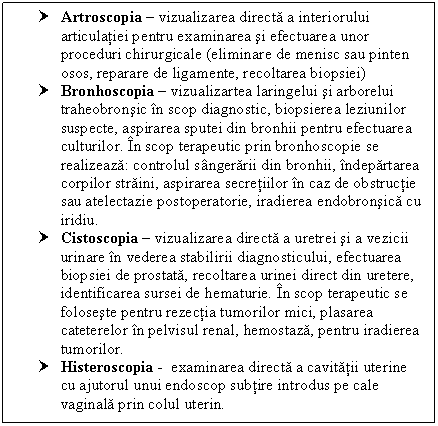 Text Box: † Artroscopia  vizualizarea directa a interiorului articulatiei pentru examinarea si efectuarea unor proceduri chirurgicale (eliminare de menisc sau pinten osos, reparare de ligamente, recoltarea biopsiei)
† Bronhoscopia  vizualizartea laringelui si arborelui traheobronsic in scop diagnostic, biopsierea leziunilor suspecte, aspirarea sputei din bronhii pentru efectuarea culturilor. In scop terapeutic prin bronhoscopie se realizeaza: controlul sangerarii din bronhii, indepartarea corpilor straini, aspirarea secretiilor in caz de obstructie sau atelectazie postoperatorie, iradierea endobronsica cu iridiu.
† Cistoscopia  vizualizarea directa a uretrei si a cii <a href=