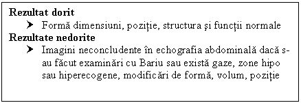 Text Box: Rezultat dorit
† Forma dimensiuni, pozitie, structura si functii normale
Rezultate nedorite
† Imagini neconcludente in echografia abdominala daca s-au facut examinari cu Bariu sau exista gaze, zone hipo sau hiperecogene, modificari de forma, volum, pozitie


