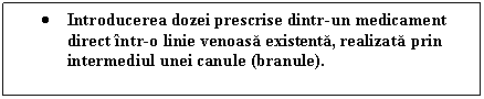 Text Box:  Introducerea dozei prescrise dintr-un medicament direct intr-o linie venoasa existenta, realizata prin intermediul unei canule (branule).

