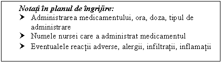 Text Box: Notati in ul de ingrijire:
† Administrarea medicamentului, ora, doza, tipul de administrare
† Numele nursei care a administrat medicamentul
† Eventualele reactii adverse, alergii, infiltratii, inflamatii
