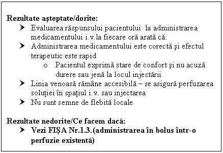 Text Box: Rezultate asteptate/dorite:
† Evaluarea raspunsului pacientului la administrarea medicamentului i.v.la fiecare ora arata ca:
† Administrarea medicamentului este corecta si efectul terapeutic este rapid 
o Pacientul exprima stare de confort si nu acuza <a href=