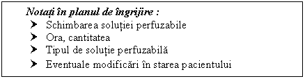 Text Box: Notati in ul de ingrijire :
† Schimbarea solutiei perfuzabile
† Ora, cantitatea
† Tipul de solutie perfuzabila 
† Eventuale modificari in starea pacientului
