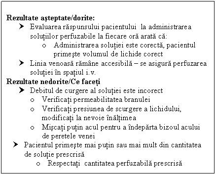 Text Box: Rezultate asteptate/dorite:
† Evaluarea raspunsului pacientului la administrarea solutiilor perfuzabile la fiecare ora arata ca:
o Administrarea solutiei este corecta, pacientul primeste volumul de <a href=