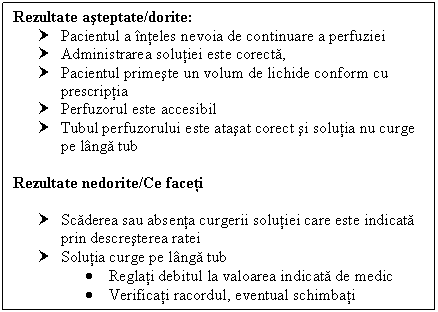 Text Box: Rezultate asteptate/dorite:
† Pacientul a inteles nevoia de continuare a perfuziei
† Administrarea solutiei este corecta,
† Pacientul primeste un volum de lichide conform cu prescriptia
† Perfuzorul este accesibil
† Tubul perfuzorului este atasat corect si solutia nu curge pe langa tub

Rezultate nedorite/Ce faceti

† Scaderea sau absenta curgerii solutiei care este indicata prin descresterea ratei
† Solutia curge pe langa tub
 Reglati debitul la valoarea indicata de medic
 Verificati racordul, eventual schimbati perfuzorul
