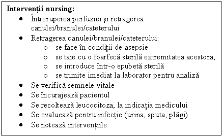 Text Box: Interventii nursing:
 Intreruperea perfuziei si retragerea canulei/branulei/cateterului
 Retragerea canulei/branulei/cateterului:
o se face in conditii de asepsie 
o se taie cu o foarfeca sterila extremitatea acestora,
o se introduce intr-o epubeta sterila 
o se trimite imediat la laborator pentru analiza
 Se verifica semnele vitale
 Se incurajeaza pacientul
 Se recolteaza leucocitoza, la indicatia medicului
 Se evalueaza pentru infectie (urina, sputa, plagi)
 Se noteaza interventiile


