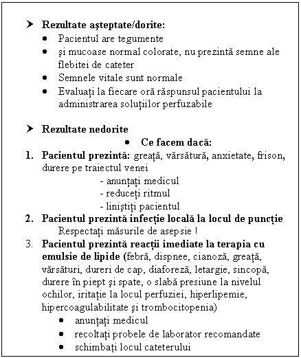 Text Box: † Rezultate asteptate/dorite:
 Pacientul are tegumente 
 si mucoase normal colorate, nu prezinta semne ale flebitei de cateter
 Semnele vitale sunt normale
 Evaluati la fiecare ora raspunsul pacientului la administrarea solutiilor perfuzabile 

† Rezultate nedorite 
 Ce facem daca:
1. Pacientul prezinta: greata, varsatura, anxietate, frison, durere pe traiectul venei
- anuntati medicul
- reduceti ritmul
- linistiti pacientul
2. Pacientul prezinta infectie locala la locul de punctie
Respectati masurile de asepsie !
3. Pacientul prezinta reactii imediate la terapia cu emulsie de <a href=